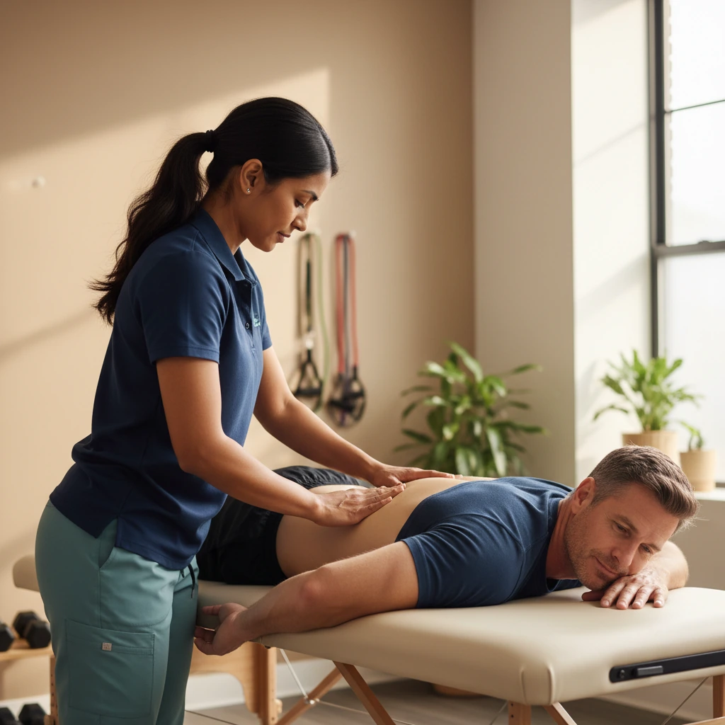 Therapist guiding an adult patient through spine rehabilitation treatment