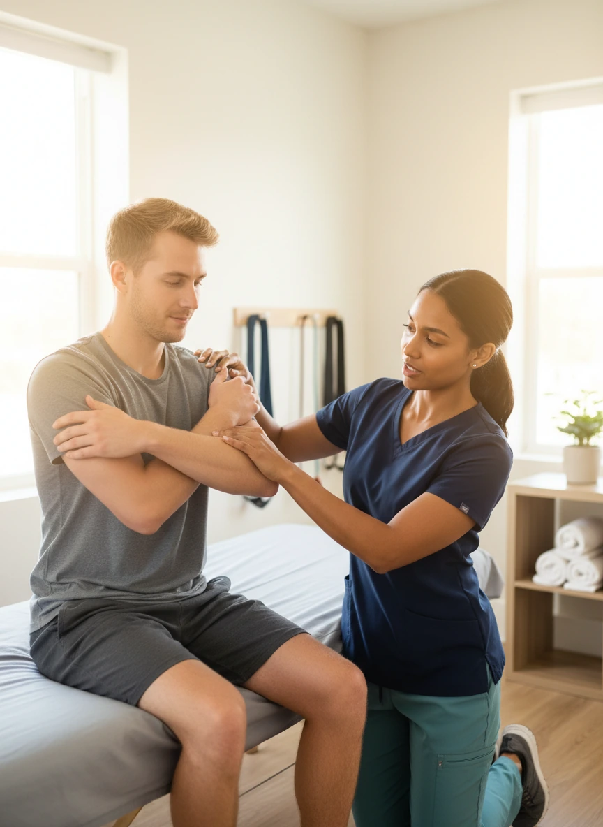 Physical therapist performing a hands-on shoulder assessment during a manual therapy session