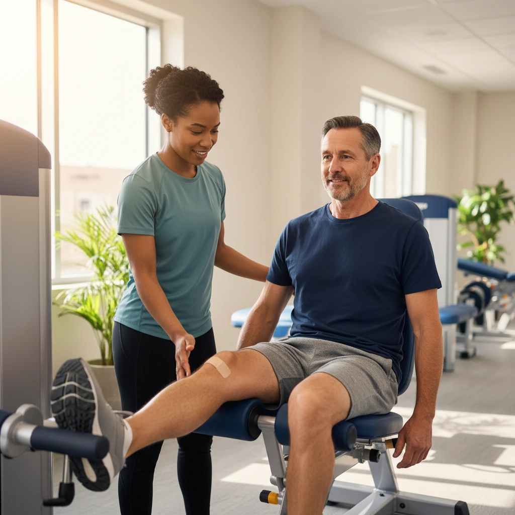 Clinician guiding a patient through targeted knee rehabilitation exercise in the clinic